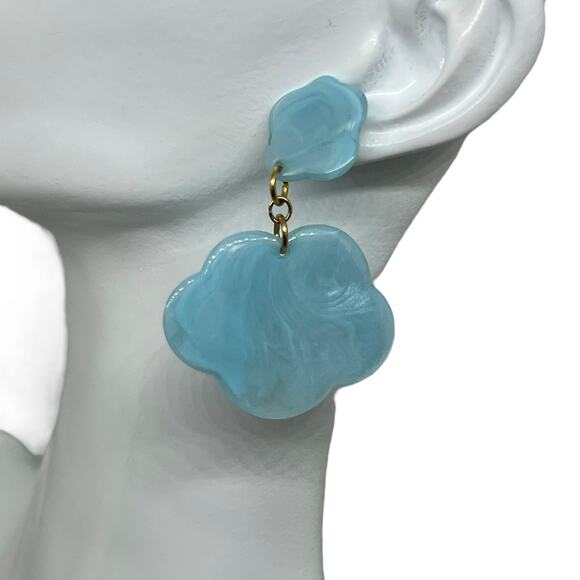 Vtg Aqua Blue Flower Drop Earring Post Back Gold Tone Marbled Acrylic Statement - Picture 3 of 8